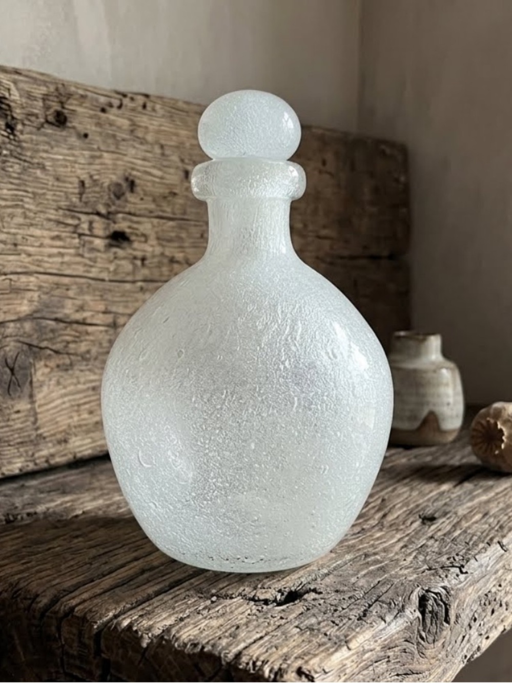 Vintage white glass decanter
distinct bubbly texture
matching stopper
8.5”